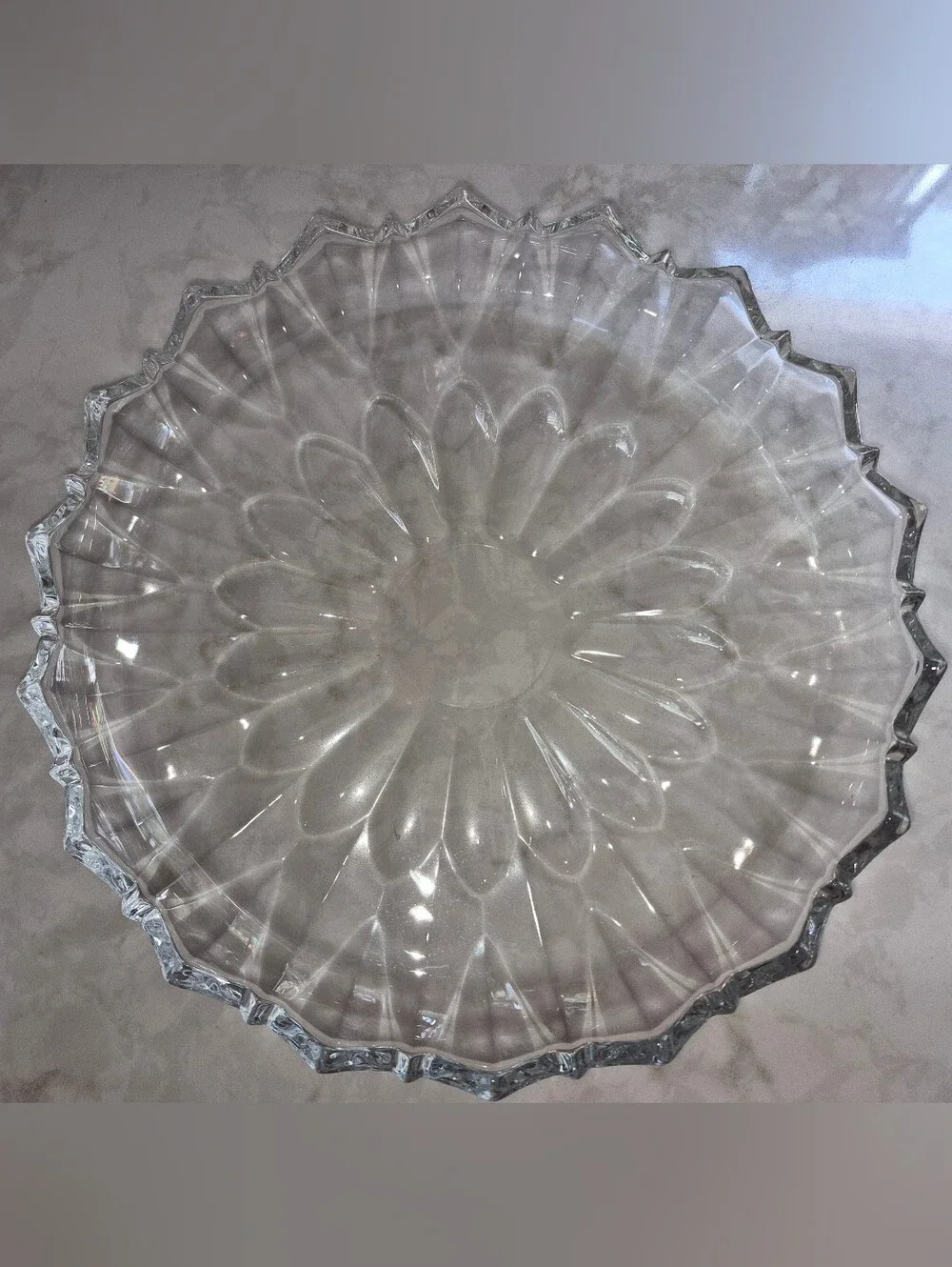 Vintage clear pressed-glass serving platter,  Radial Sunflower Scalloped Rim
